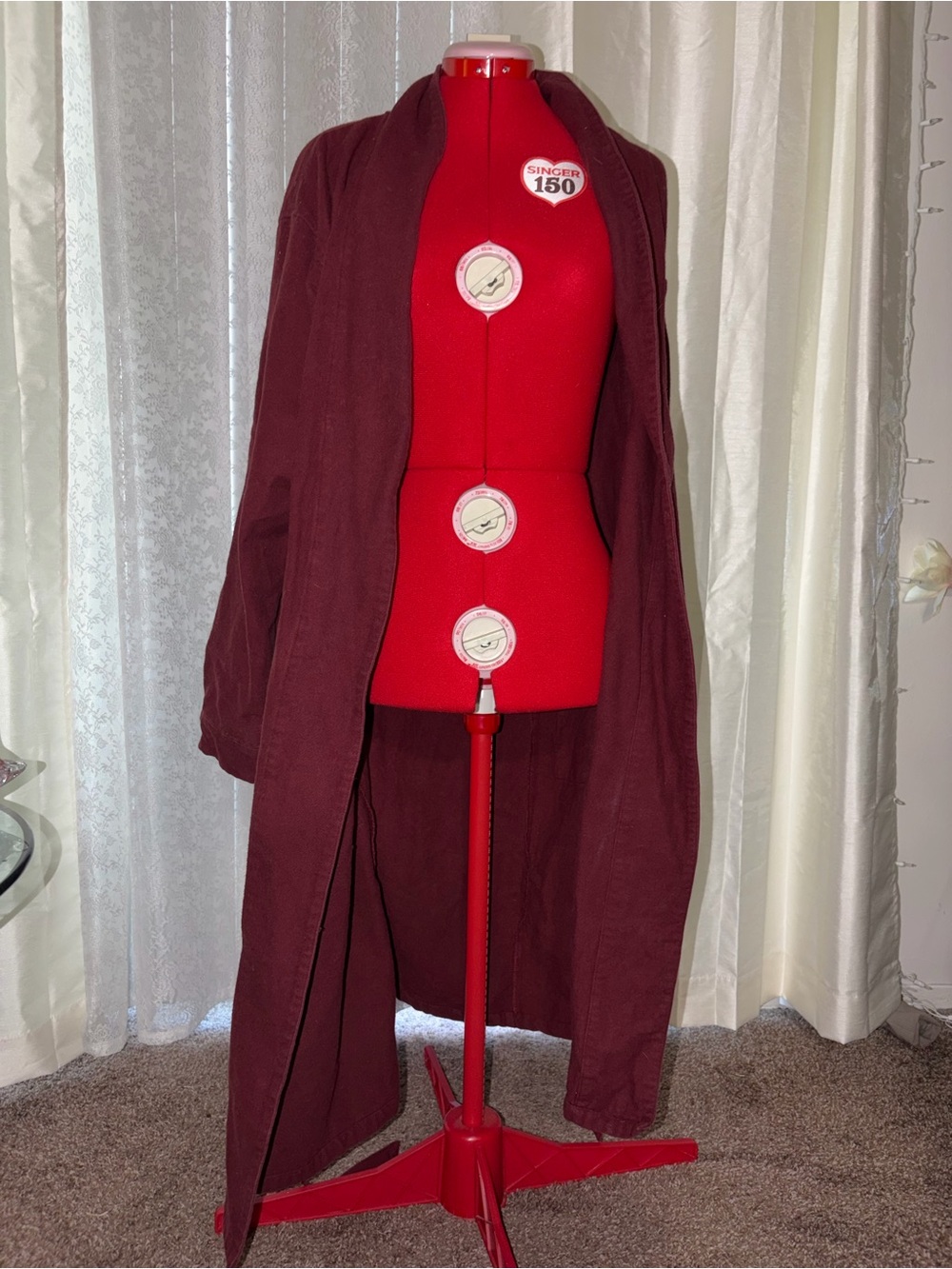 Women's Open-Front Long Coatigan in Burgundy 100% cotton